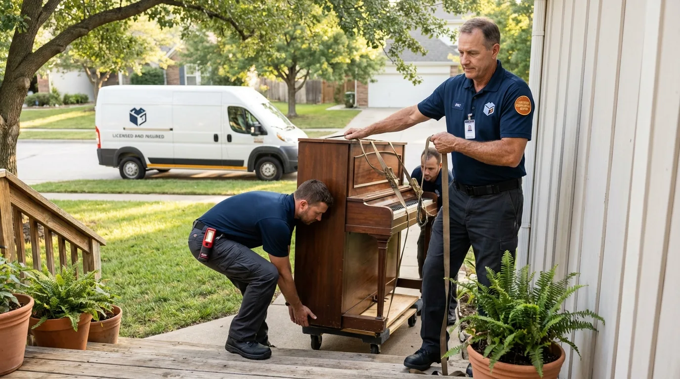 Licensed piano movers securing grand piano in Pontiac, MI