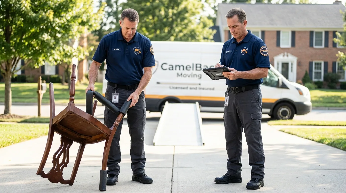Movers inspecting furniture for damage prevention before loading in Pontiac, MI