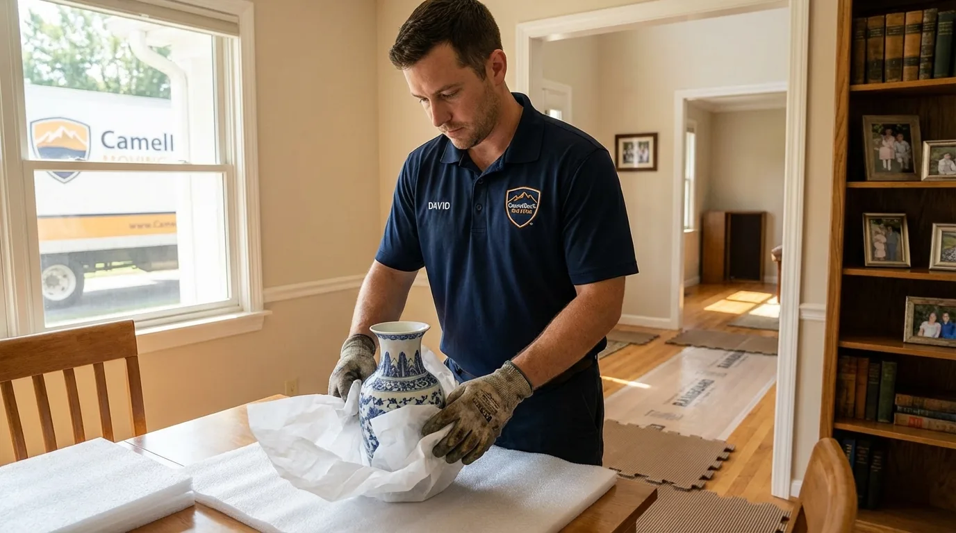 Professional crew carefully wrapping antique vase for senior downsizing move in Pontiac, MI